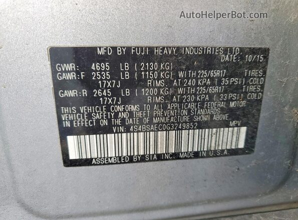 4S4BSAEC0G3249852 2016 SUBARU OUTBACK Silver 360 interior view