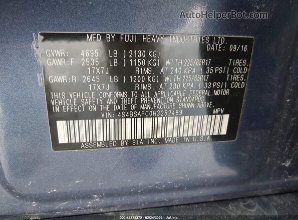 4S4BSAFC0H3252489 2017 SUBARU OUTBACK Blue 