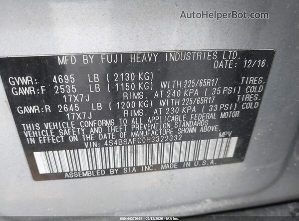 4S4BSAFC0H3322332 2017 SUBARU OUTBACK Silver Widok komory silnika