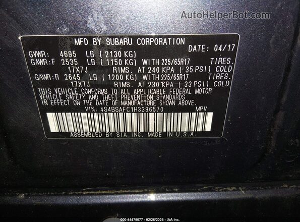 4S4BSAFC1H3396570 2017 SUBARU OUTBACK Blue Widok komory silnika