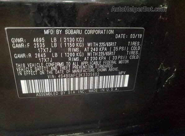 4S4BSAFC3K3335602 2019 SUBARU OUTBACK Black Vista interior de 360 grados
