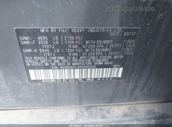 4S4BSAFC4H3382825 2017 SUBARU OUTBACK Gray Вид підкапотного простору