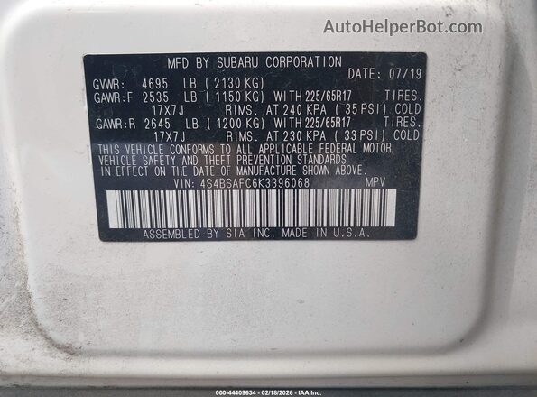 4S4BSAFC6K3396068 2019 SUBARU OUTBACK White Engine compartment view