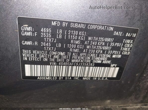 4S4BSAFC9J3358283 2018 SUBARU OUTBACK Gray Engine compartment view