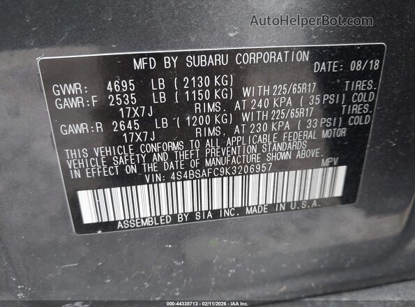 4S4BSAFC9K3206957 2019 SUBARU OUTBACK Gray Widok komory silnika
