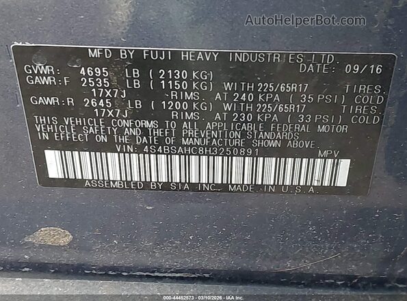 4S4BSAHC8H3250891 2017 SUBARU OUTBACK Blue ძრავის განყოფილების ხედი