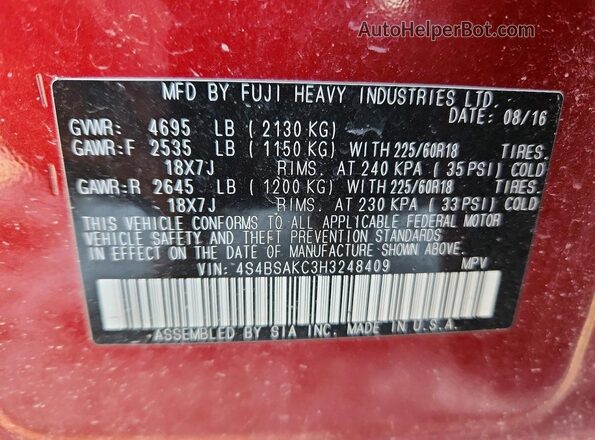 4S4BSAKC3H3248409 2017 SUBARU OUTBACK Red Панорамний вид салону 360°