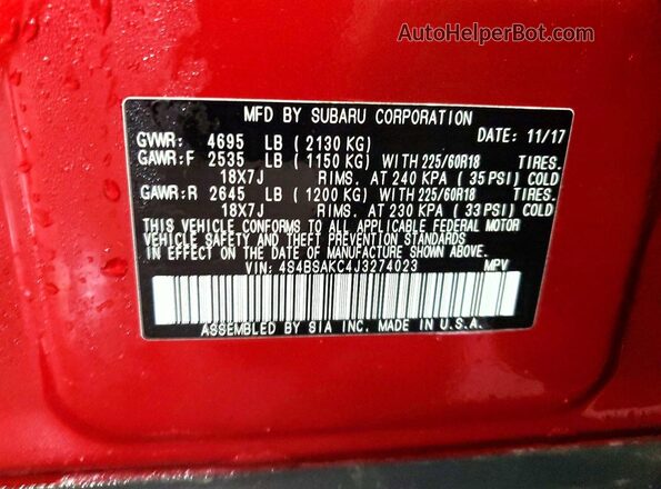 4S4BSAKC4J3274023 2018 SUBARU OUTBACK Maroon Vista de la etiqueta del VIN