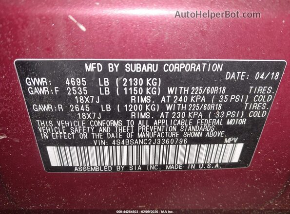 4S4BSANC2J3360796 2018 SUBARU OUTBACK Red Vista del compartimento del motor