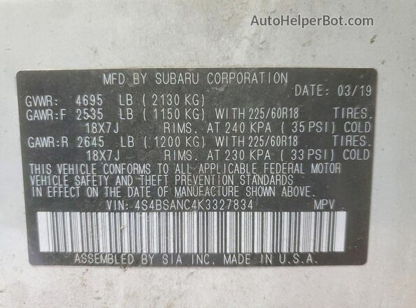 4S4BSANC4K3327834 2019 SUBARU OUTBACK Белый 
