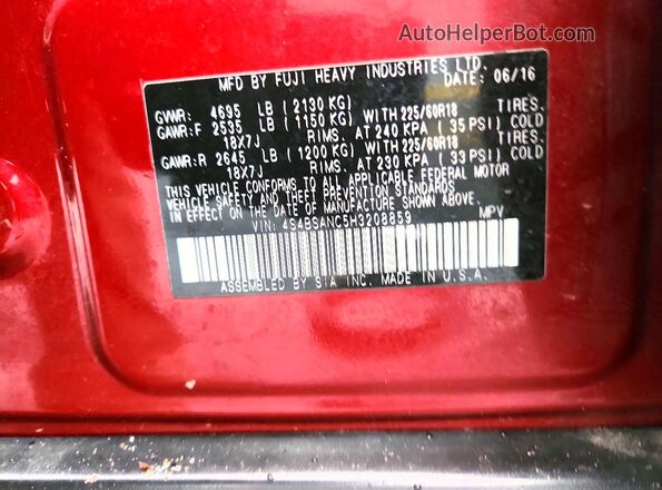 4S4BSANC5H3208859 2017 SUBARU OUTBACK Burgundy Widok naklejki z numerem VIN