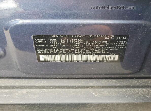 4S4BSANC6G3279065 2016 SUBARU OUTBACK Blue Вид наклейки з VIN-кодом