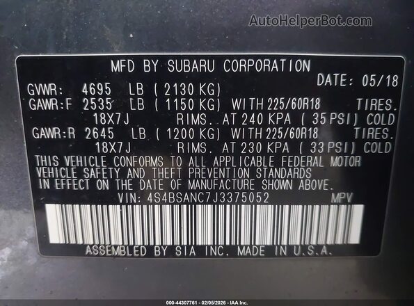 4S4BSANC7J3375052 2018 SUBARU OUTBACK Gray Շարժիչի բաժամունքի տեսք
