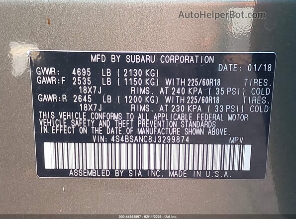 4S4BSANC8J3299874 2018 SUBARU OUTBACK Pewter Вид подкапотного пространства