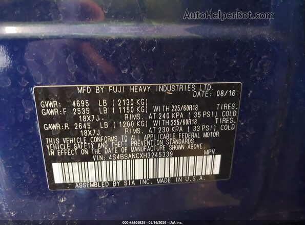 4S4BSANCXH3245339 2017 SUBARU OUTBACK Синий 