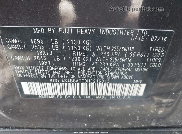 4S4BSATC0H3216015 2017 SUBARU OUTBACK Burgundy ძრავის განყოფილების ხედი