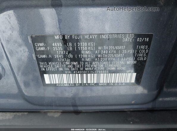 4S4BSBCC2G3298866 2016 SUBARU OUTBACK Gray Вид підкапотного простору