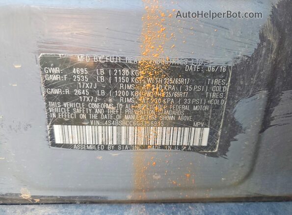 4S4BSBCC6G3356915 2016 SUBARU OUTBACK Orange VIN կոդի պիտակի տեսք