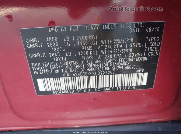 4S4BSEKC4H3227267 2017 SUBARU OUTBACK Burgundy 