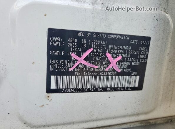 4S4BSENC3K3316203 2019 SUBARU OUTBACK White 