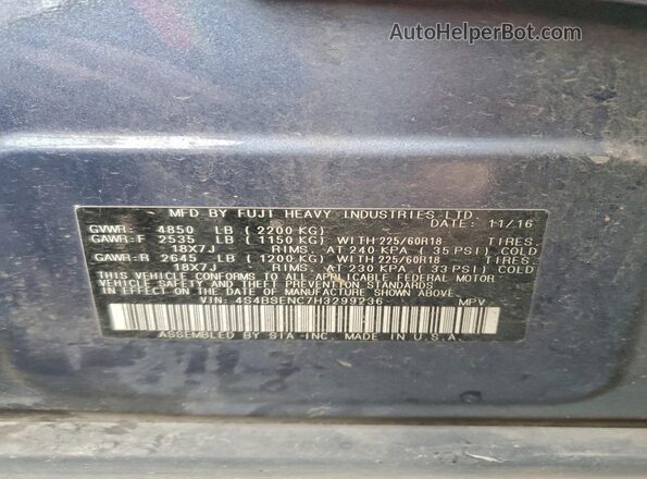 4S4BSENC7H3299236 2017 SUBARU OUTBACK Teal VIN კოდის სტიკერის ხედი
