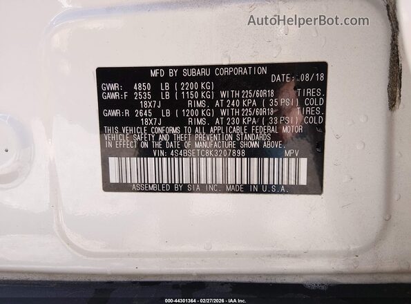4S4BSETC8K3207898 2019 SUBARU OUTBACK Белый 