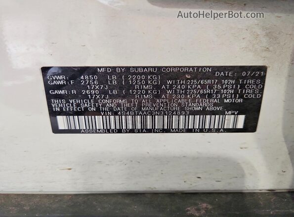 4S4BTAAC3N3124893 2022 SUBARU OUTBACK White Вид наклейки з VIN-кодом