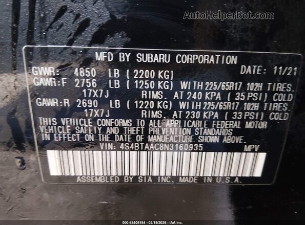 4S4BTAAC8N3160935 2022 SUBARU OUTBACK Black Engine compartment view