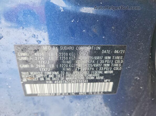 4S4BTACC2N3110240 2022 SUBARU OUTBACK Синий 