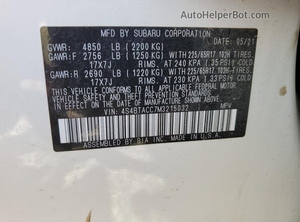 4S4BTACC7M3215032 2021 SUBARU OUTBACK White 