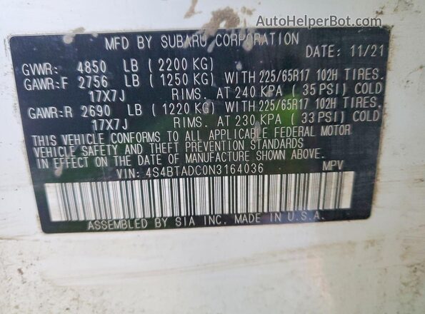 4S4BTADC0N3164036 2022 SUBARU OUTBACK White 