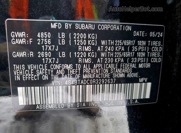 4S4BTADC0R3292637 2024 SUBARU OUTBACK Black VIN կոդի պիտակի տեսք