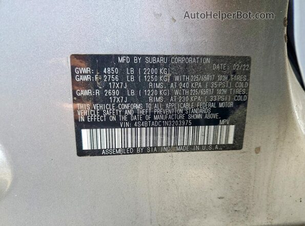 4S4BTADC1N3203975 2022 SUBARU OUTBACK Silver Vista de la etiqueta del VIN