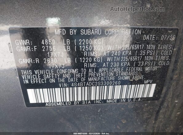 4S4BTADC2S3300260 2025 SUBARU OUTBACK Gray Vista del compartimento del motor
