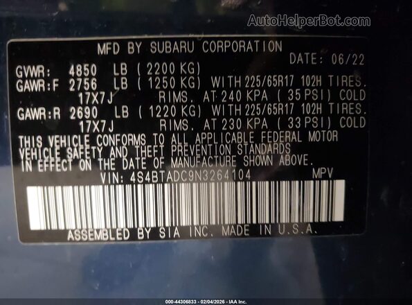 4S4BTADC9N3264104 2022 SUBARU OUTBACK Синий 