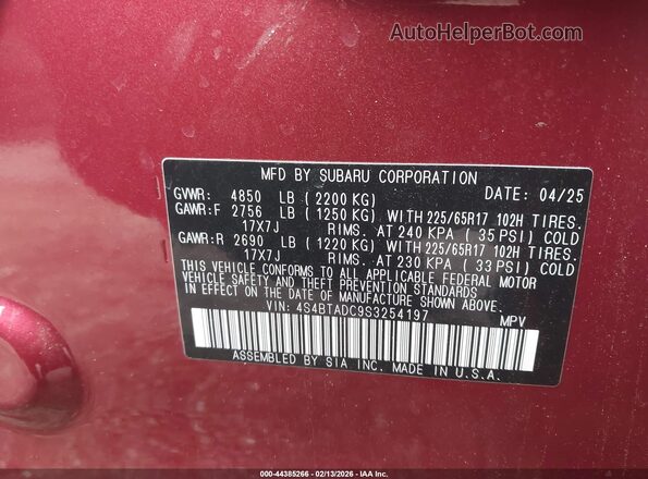 4S4BTADC9S3254197 2025 SUBARU OUTBACK Red ძრავის განყოფილების ხედი