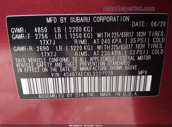 4S4BTAEC6L3221528 2020 SUBARU OUTBACK Burgundy Widok komory silnika
