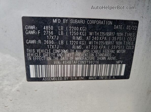 4S4BTAFC0N3198216 2022 SUBARU OUTBACK Белый Вид наклейки с VIN-кодом