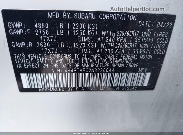 4S4BTAFC2N3236044 2022 SUBARU OUTBACK White Вид підкапотного простору