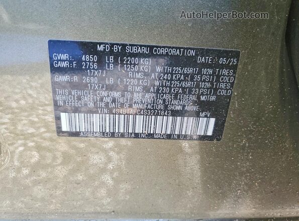 4S4BTAFC4S3271843 2025 SUBARU OUTBACK Green 360 interior view