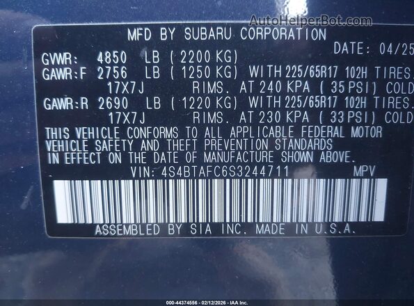 4S4BTAFC6S3244711 2025 SUBARU OUTBACK Dark Blue Вид підкапотного простору