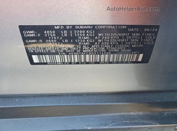 4S4BTAFC9S3114096 2025 SUBARU OUTBACK Серебряный Вид наклейки с VIN-кодом