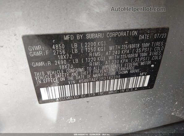 4S4BTALC2R3142398 2024 SUBARU OUTBACK Silver Widok komory silnika