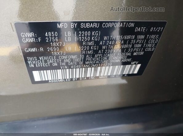 4S4BTANC2M3171230 2021 SUBARU OUTBACK Green 