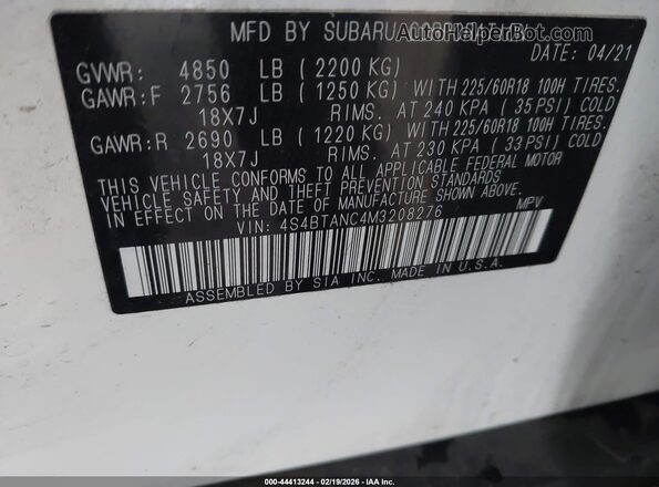 4S4BTANC4M3208276 2021 SUBARU OUTBACK White Вид підкапотного простору
