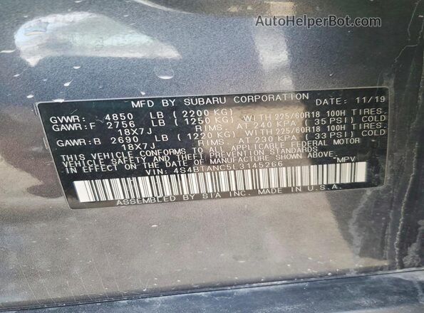 4S4BTANC5L3145266 2020 SUBARU OUTBACK Серый Вид наклейки с VIN-кодом
