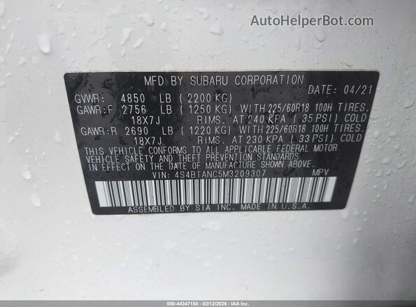 4S4BTANC5M3209307 2021 SUBARU OUTBACK White Вид підкапотного простору
