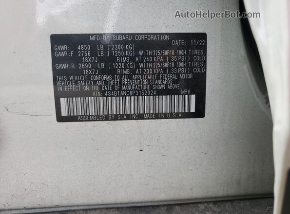 4S4BTANC8P3152024 2023 SUBARU OUTBACK White 