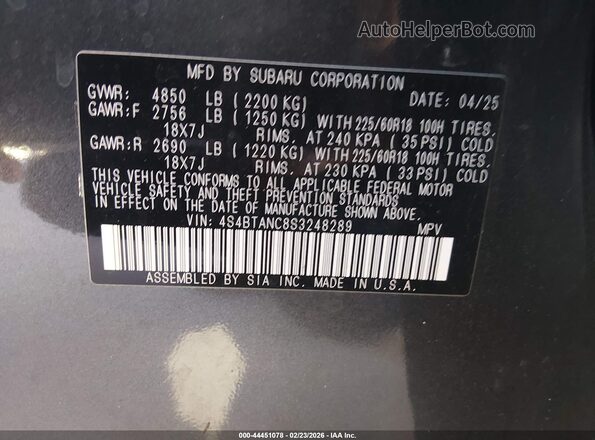 4S4BTANC8S3248289 2025 SUBARU OUTBACK Gray Вид підкапотного простору