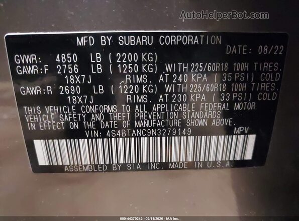 4S4BTANC9N3279149 2022 SUBARU OUTBACK Brown Շարժիչի բաժամունքի տեսք